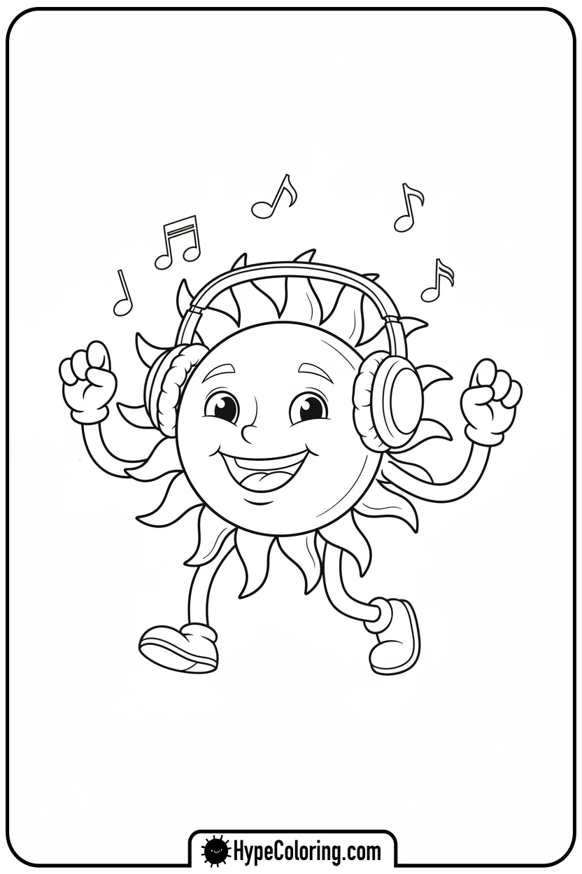 Click to download PDF smiling-sun-with-headphones - music coloring page