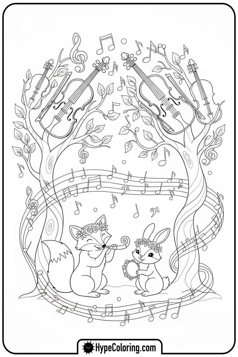 Click to download PDF musical-forest-with-animals - music coloring page
