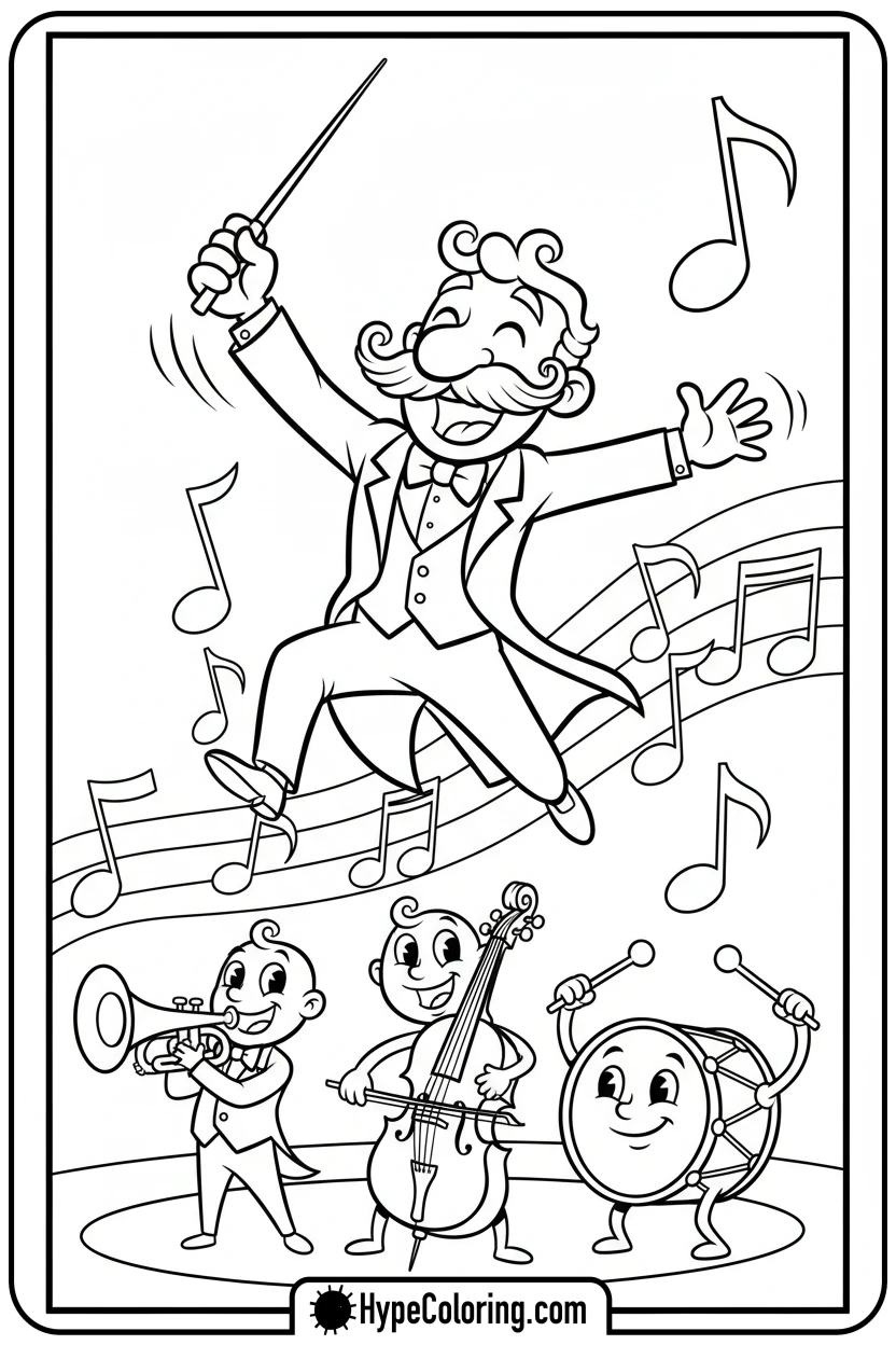 Click to download PDF cartoon-conductor-with-instruments - music coloring page