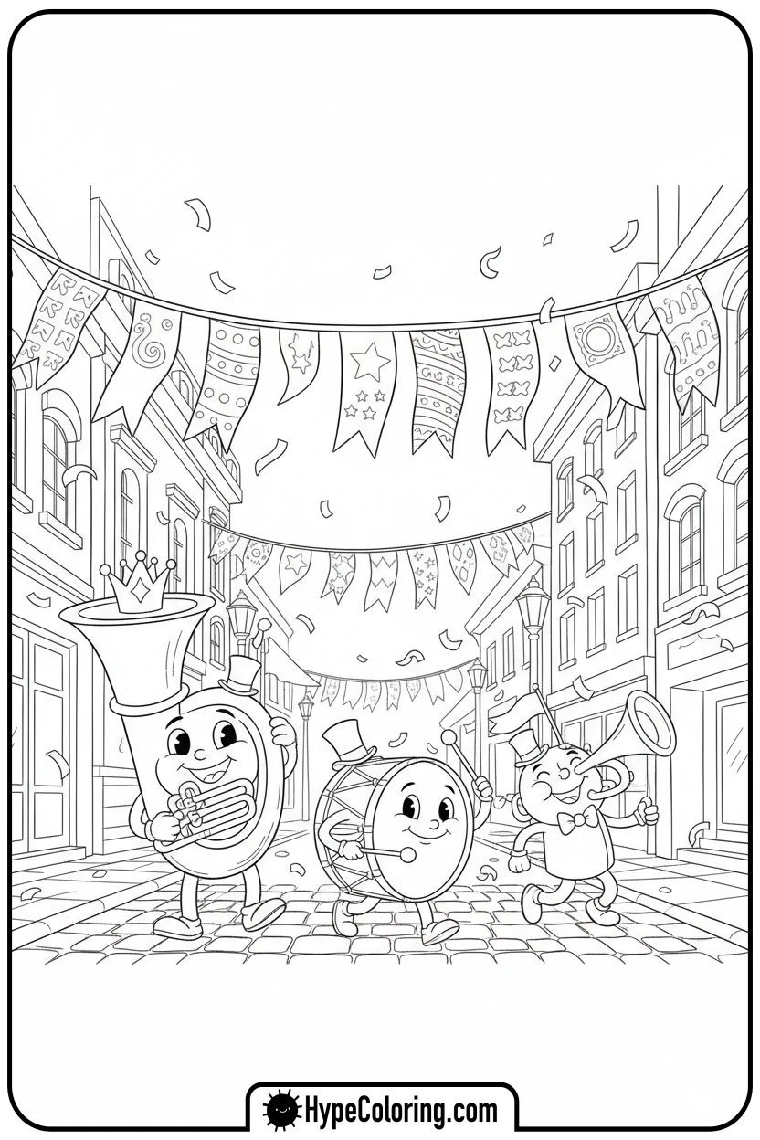 Click to download PDF instrument-parade - music coloring page