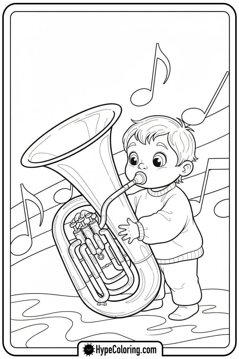 Click to download PDF child-trying-tuba - music coloring page