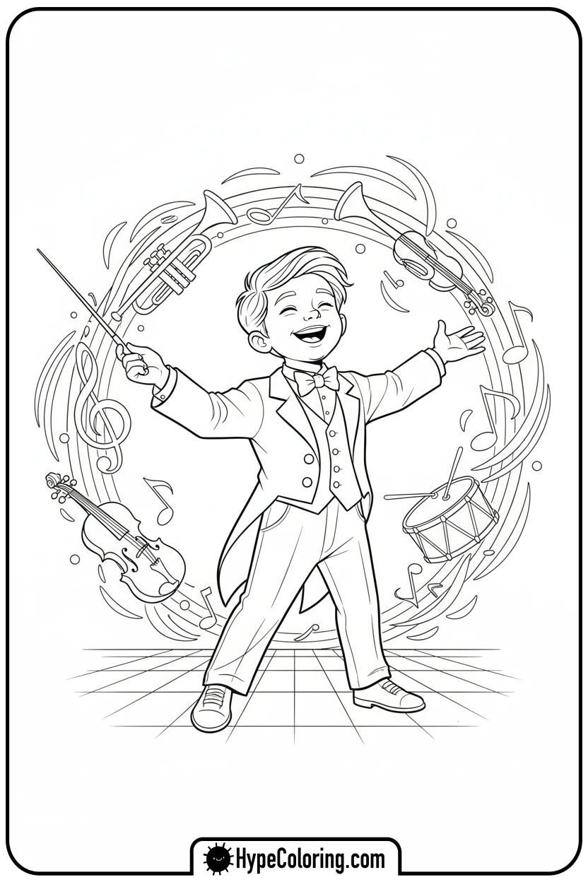 Click to download PDF child-conducting-orchestra - music coloring page