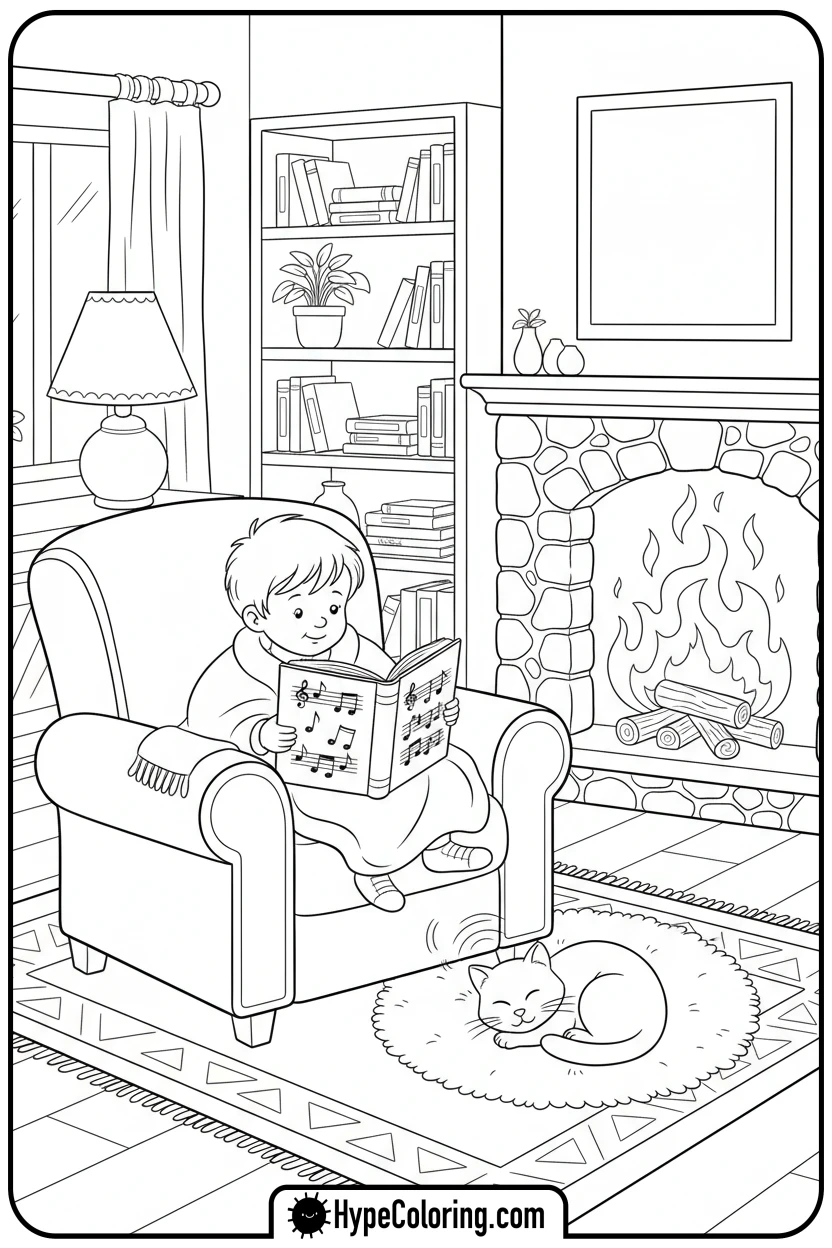 Click to download PDF child-reading-music-book - music coloring page