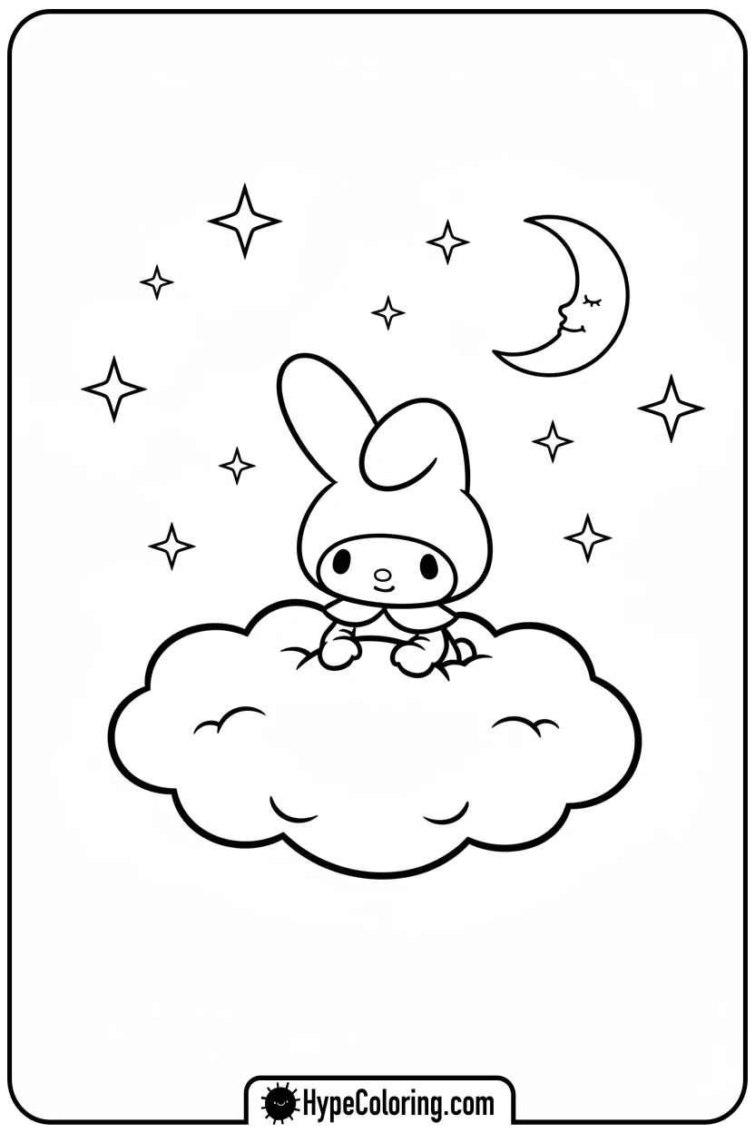 my-melody-on-cloud-at-night - my melody color pages
