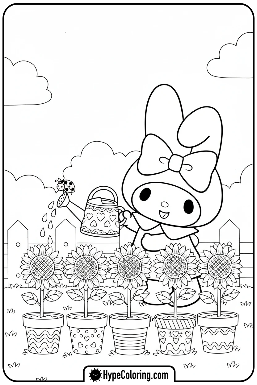 my-melody-watering-sunflowers - my melody color pages
