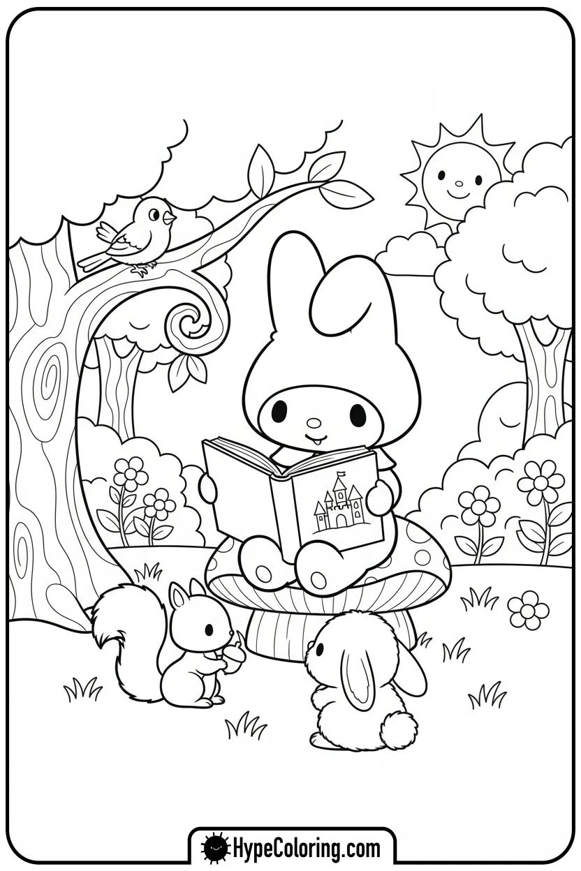 my-melody-reading-to-animals - my melody color pages