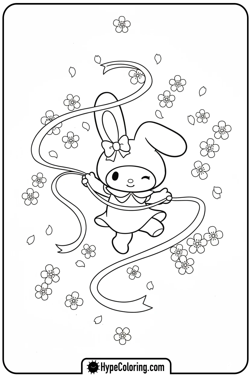 my-melody-dancing-with-ribbon - my melody color pages