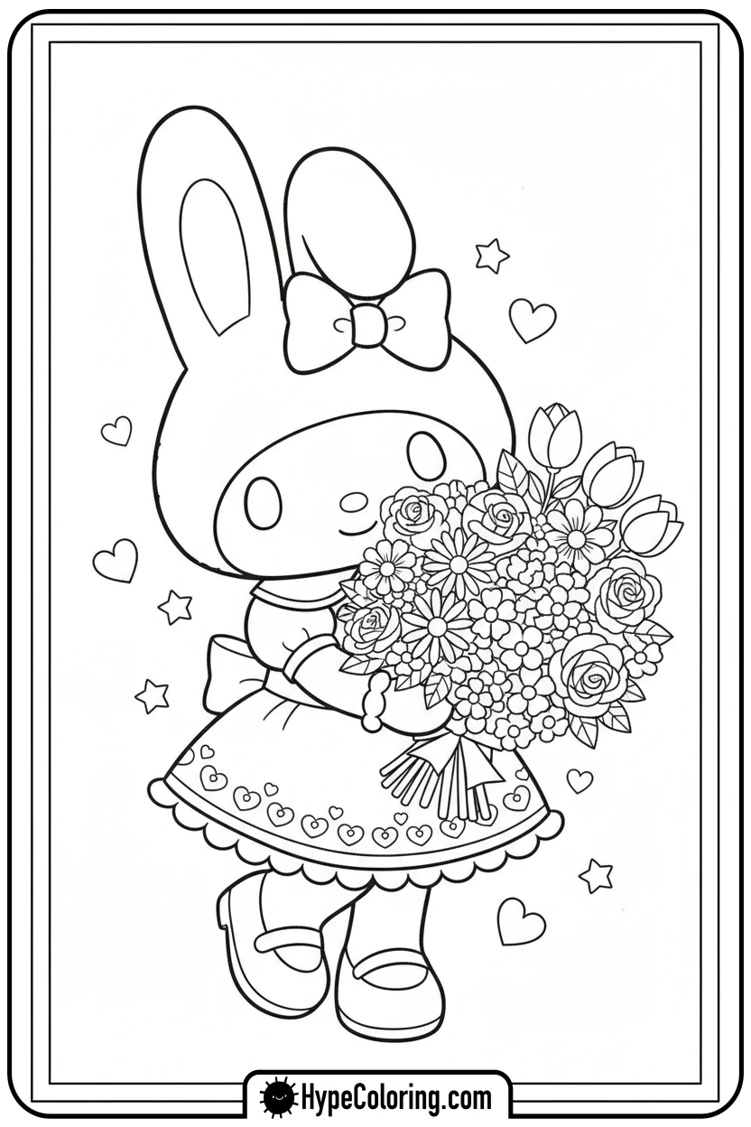 my-melody-holding-flower-bouquet - my melody color pages