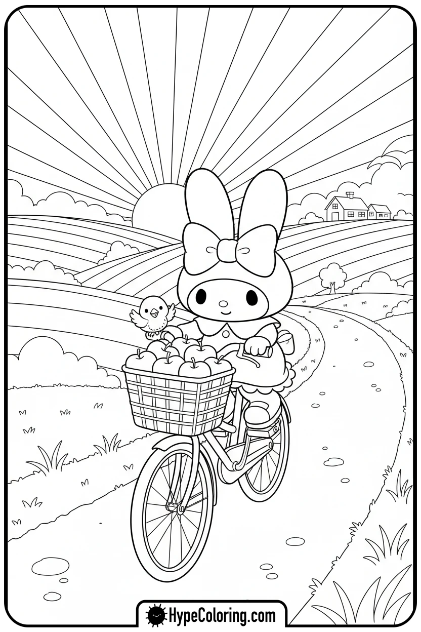 my-melody-riding-bicycle-with-apples - my melody color pages