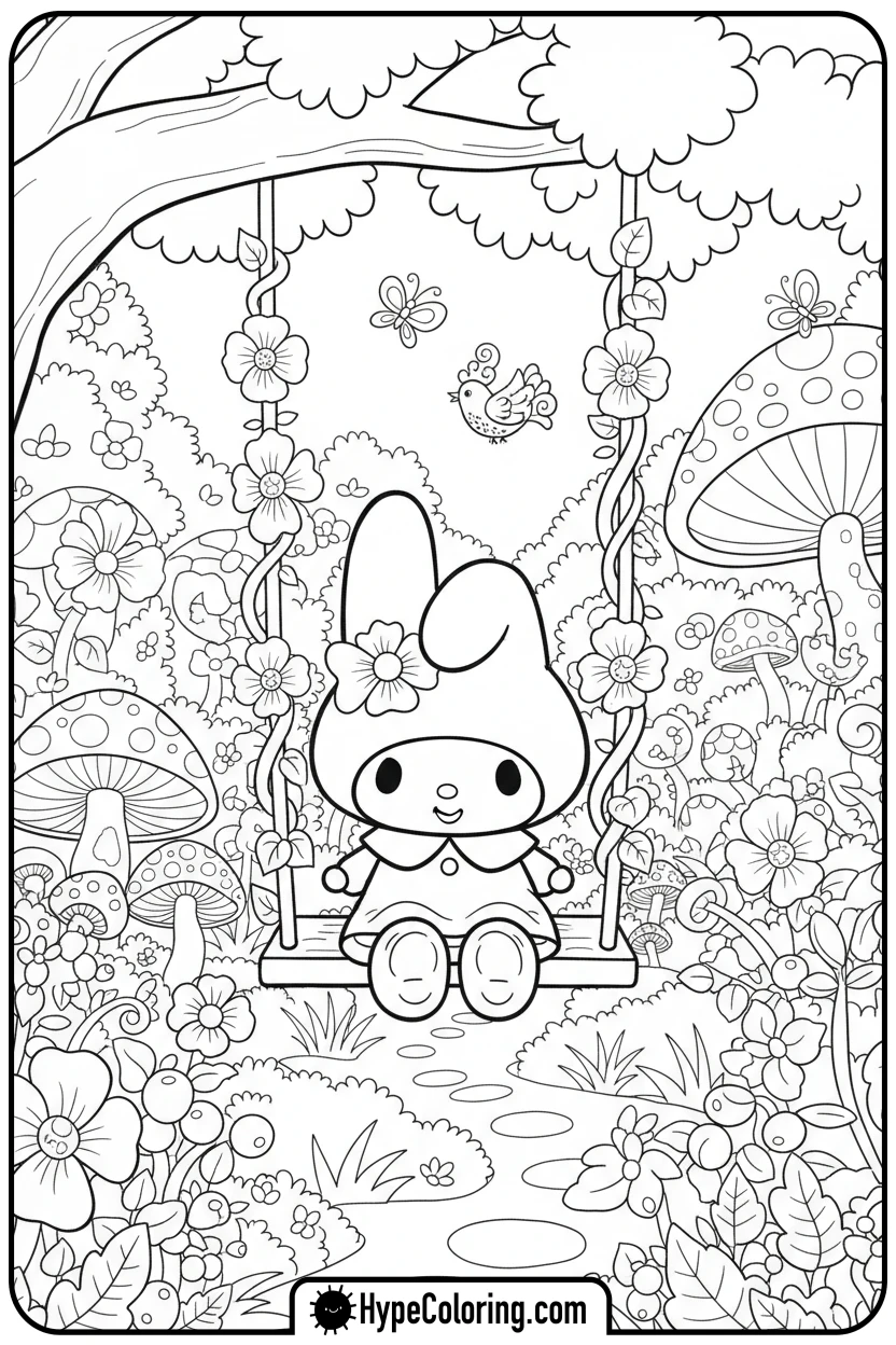 my-melody-on-a-flower-swing - my melody color pages