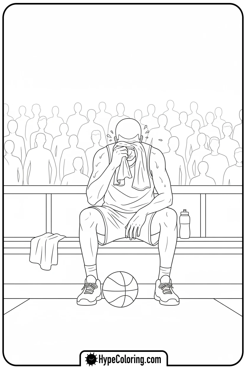 player-resting-on-bench - nba basketball coloring pages