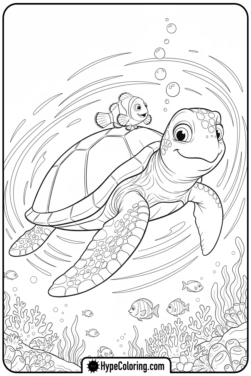 nemo-riding-sea-turtle - nemo color page