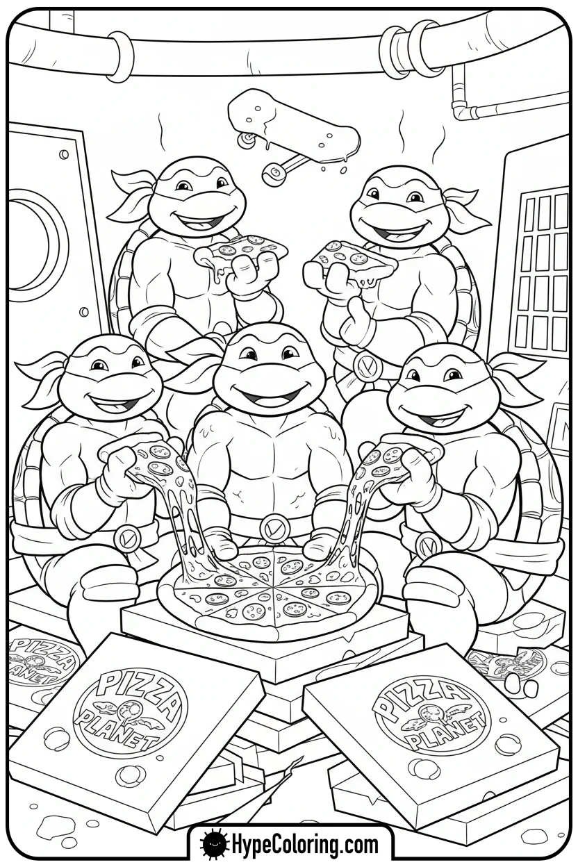 turtles-eating-pizza - ninja turtles coloring page