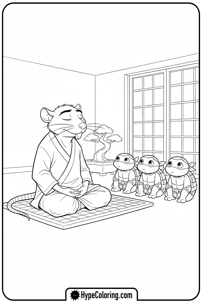 splinter-meditating-with-turtles - ninja turtles coloring page