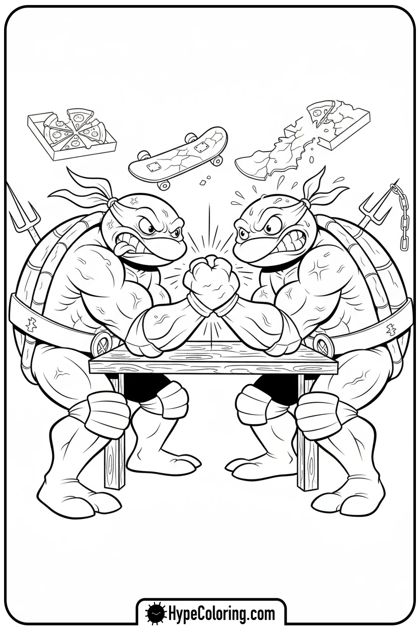 raphael-and-mikey-arm-wrestling - ninja turtles coloring page