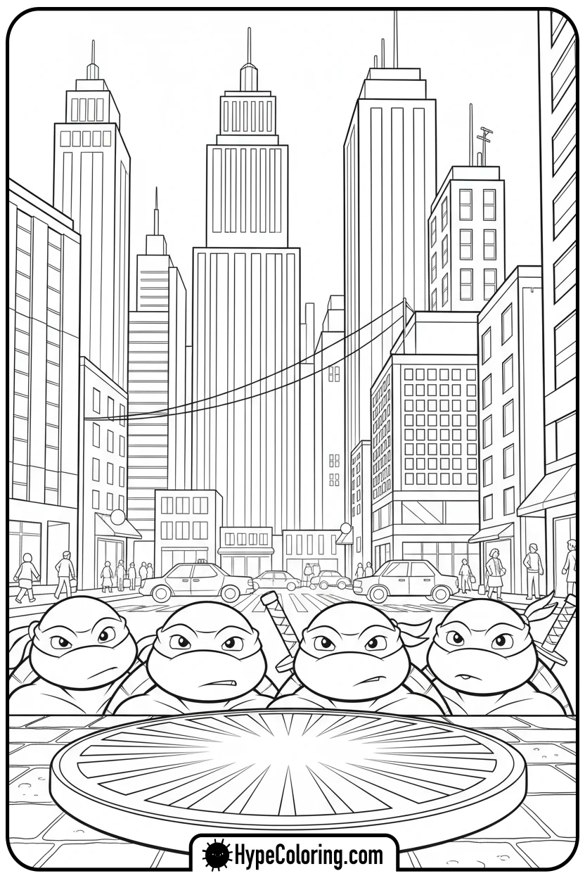 turtles-peeking-from-manhole - ninja turtles coloring page
