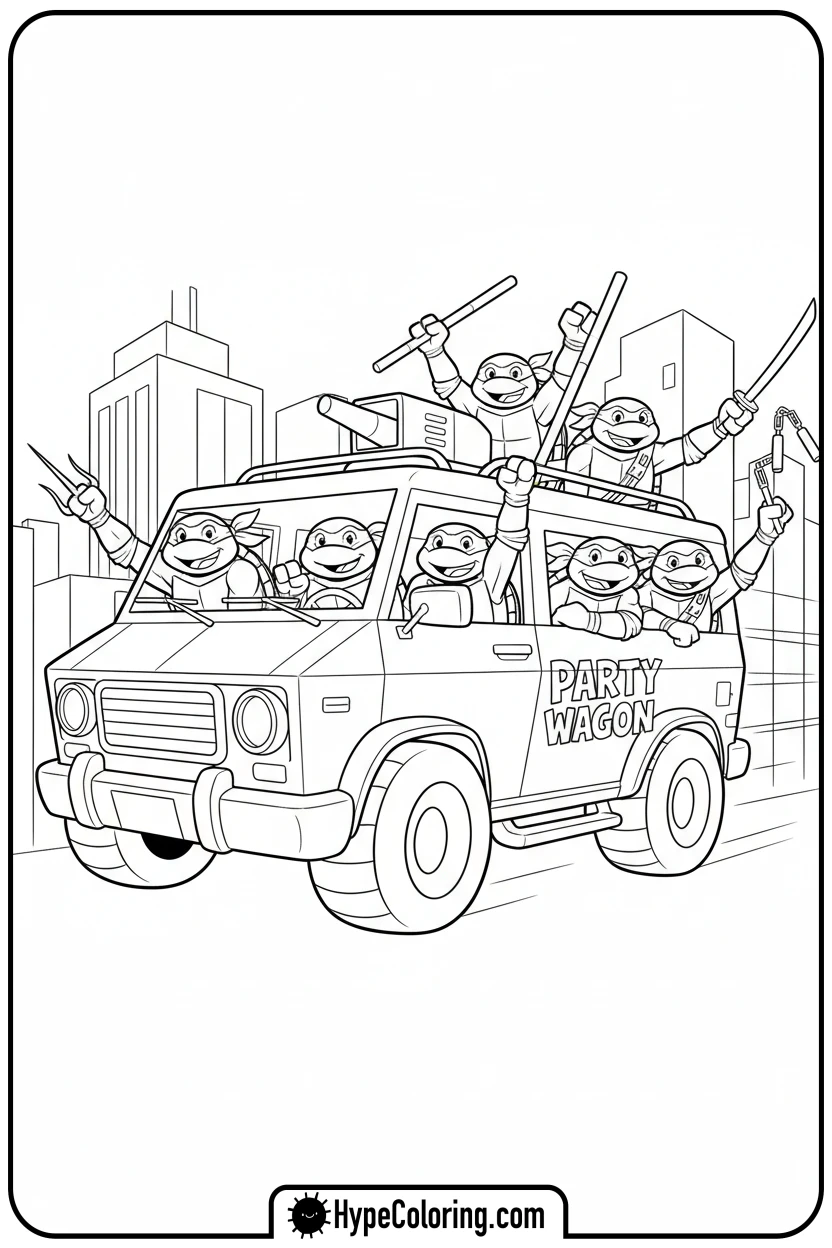 turtles-in-party-wagon - ninja turtles coloring page