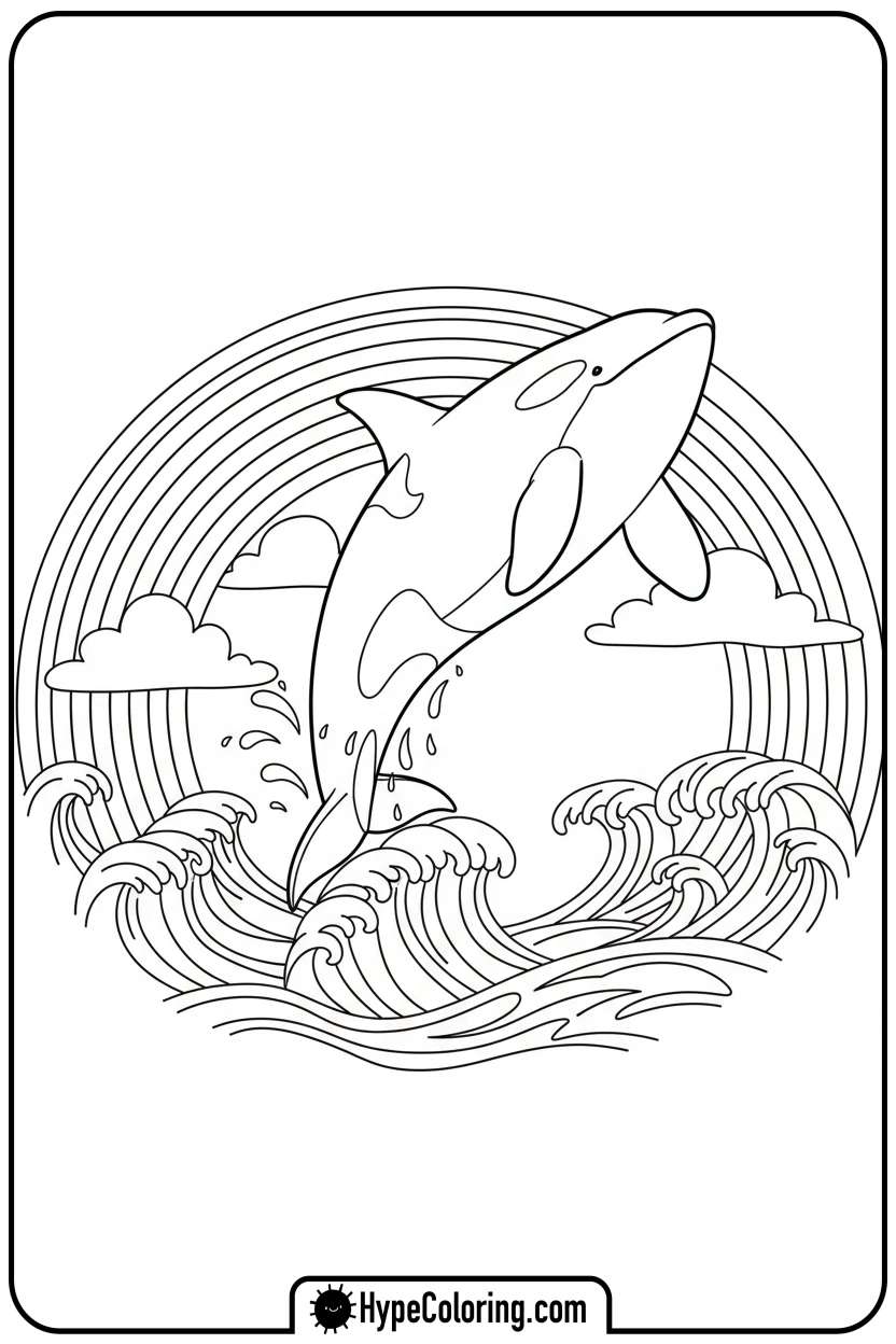 orca-leaping-under-rainbow - orca coloring pages