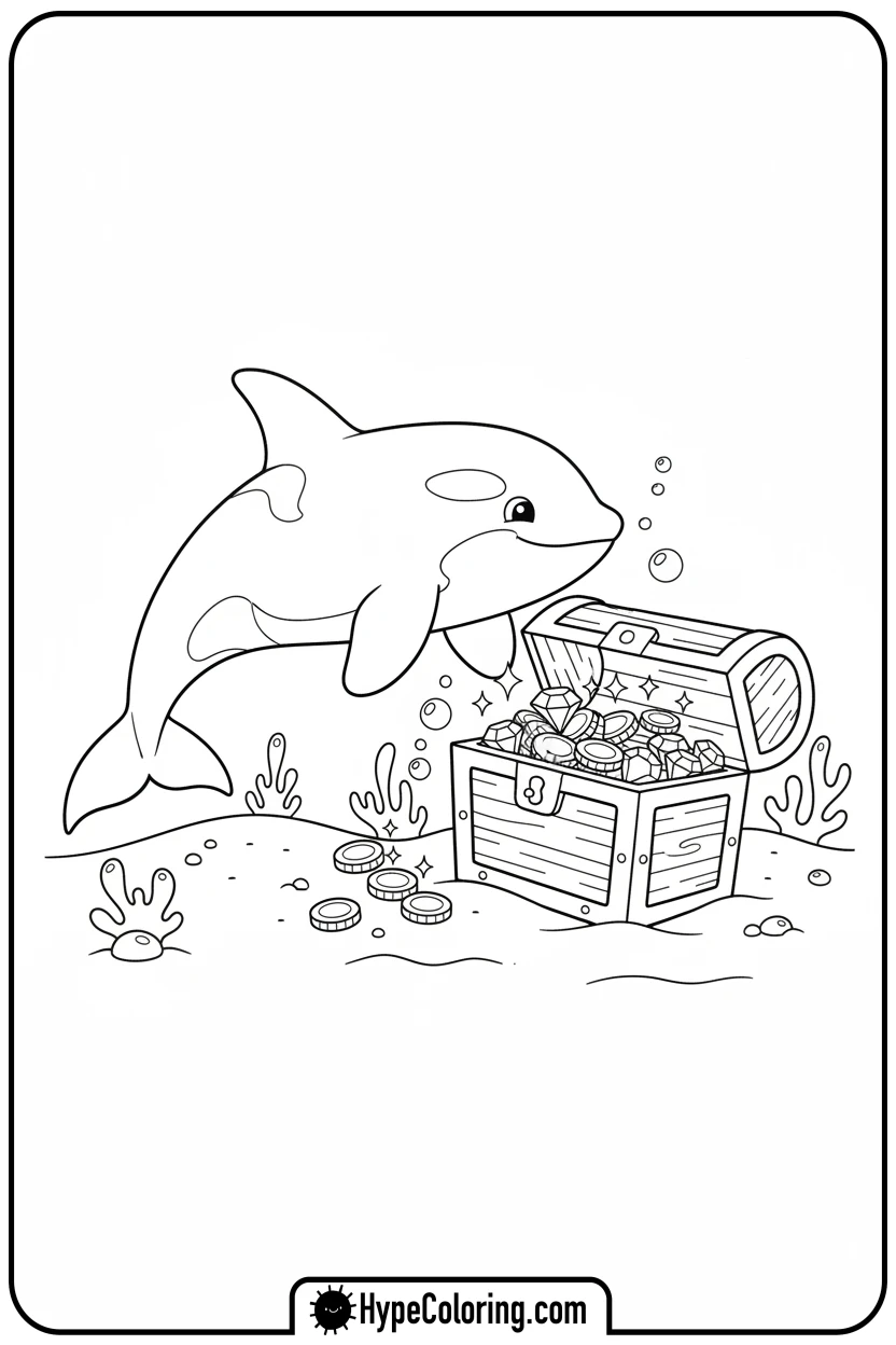 orca-finding-treasure-chest - orca coloring pages