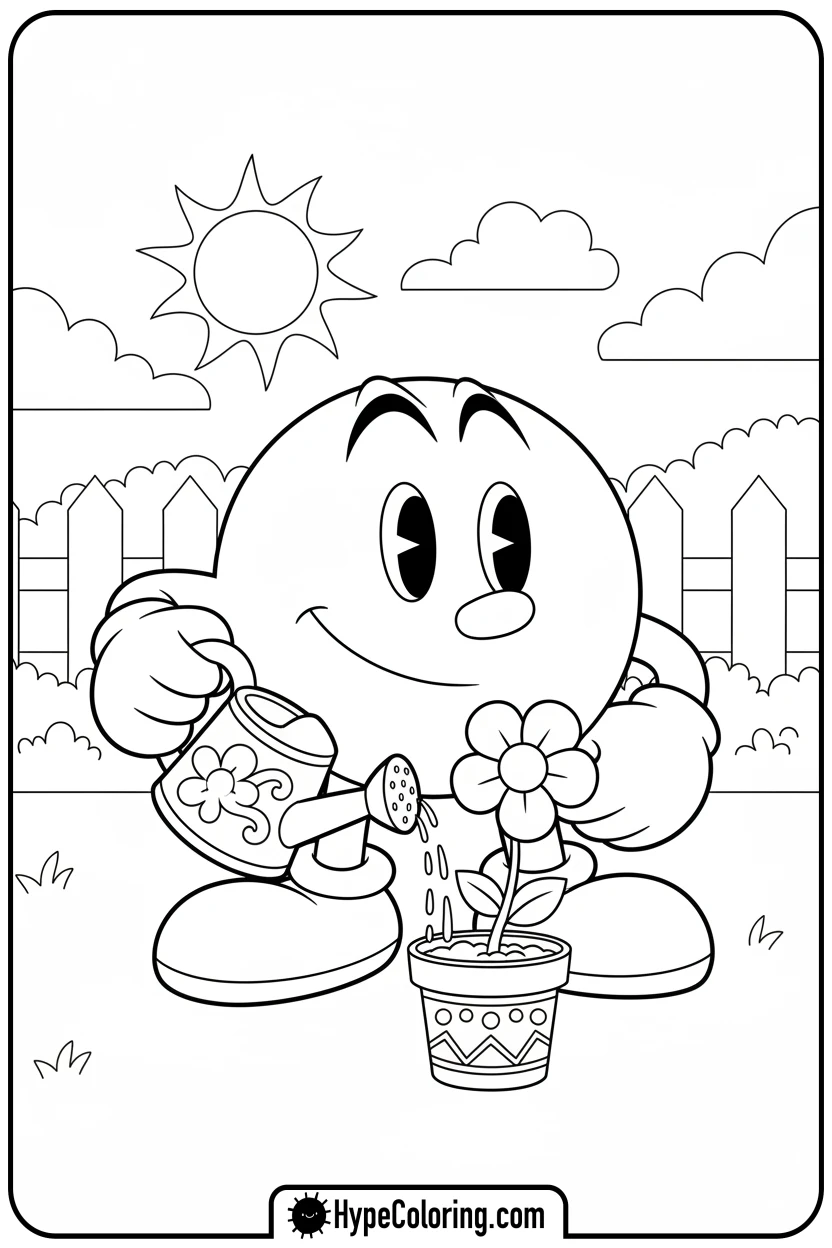 pac-man-watering-flower - pac man coloring pages