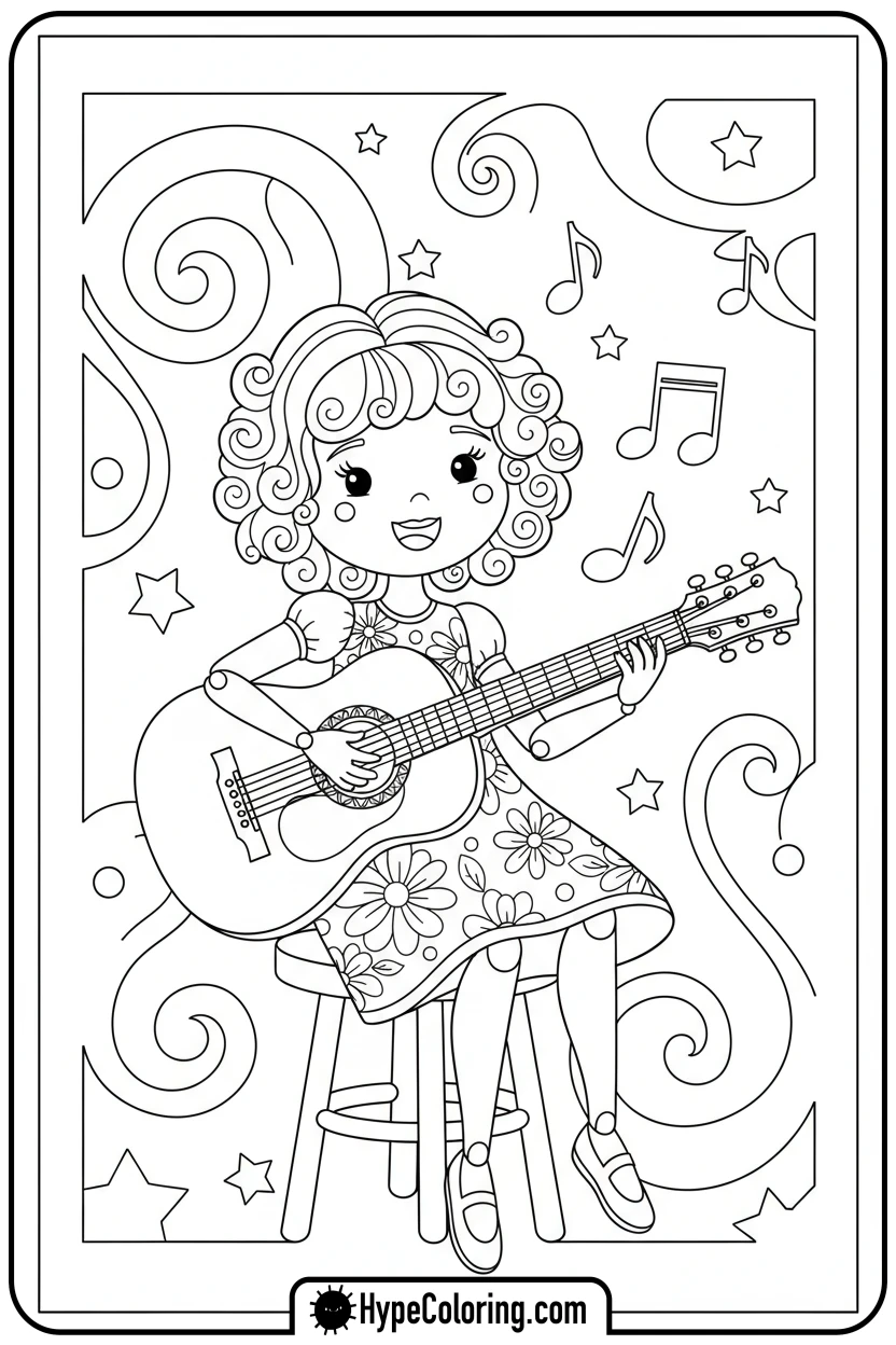 paper-doll-playing-guitar - paper doll coloring pages