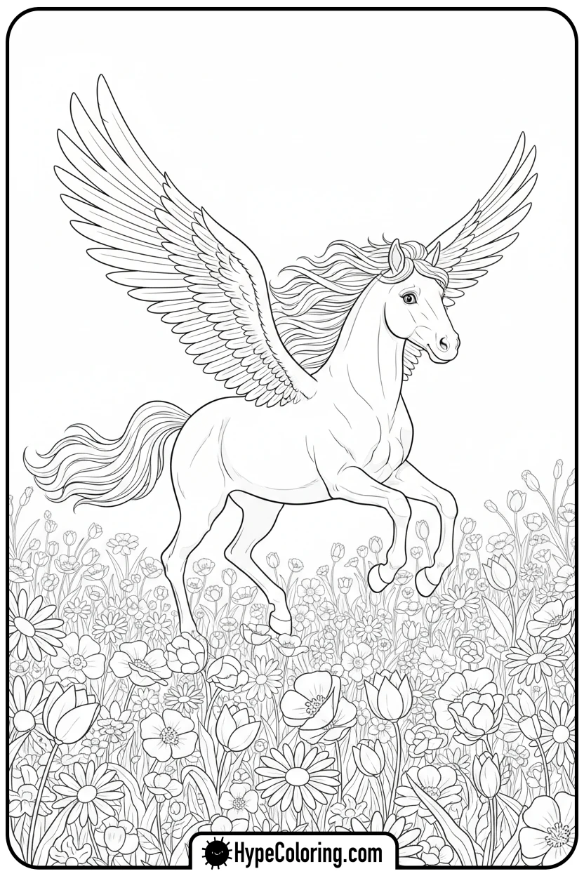 pegasus-galloping-in-flowery-meadow - pegasus coloring pages