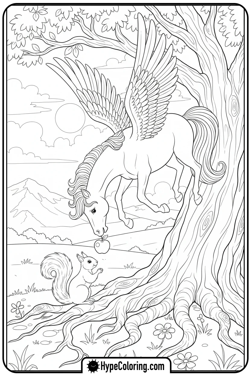 pegasus-offering-apple-to-squirrel - pegasus coloring pages