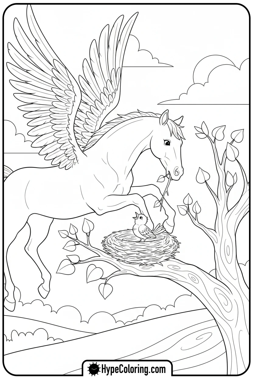 pegasus-helping-bird-build-nest - pegasus coloring pages