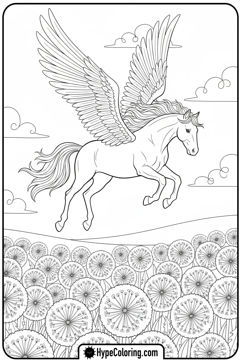 pegasus-diving-towards-dandelions - pegasus coloring pages