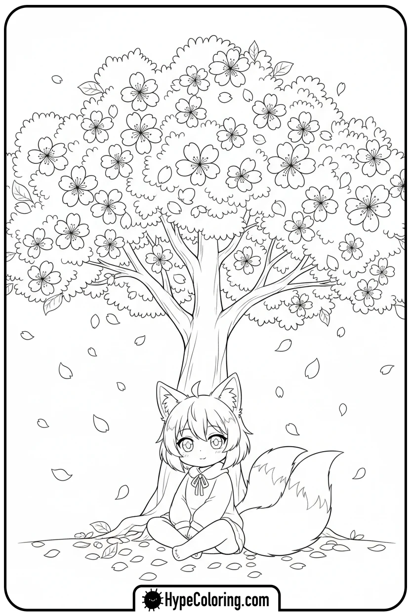 Click to download PDF anime-fox-girl-under-cherry-tree - cute anime coloring pages