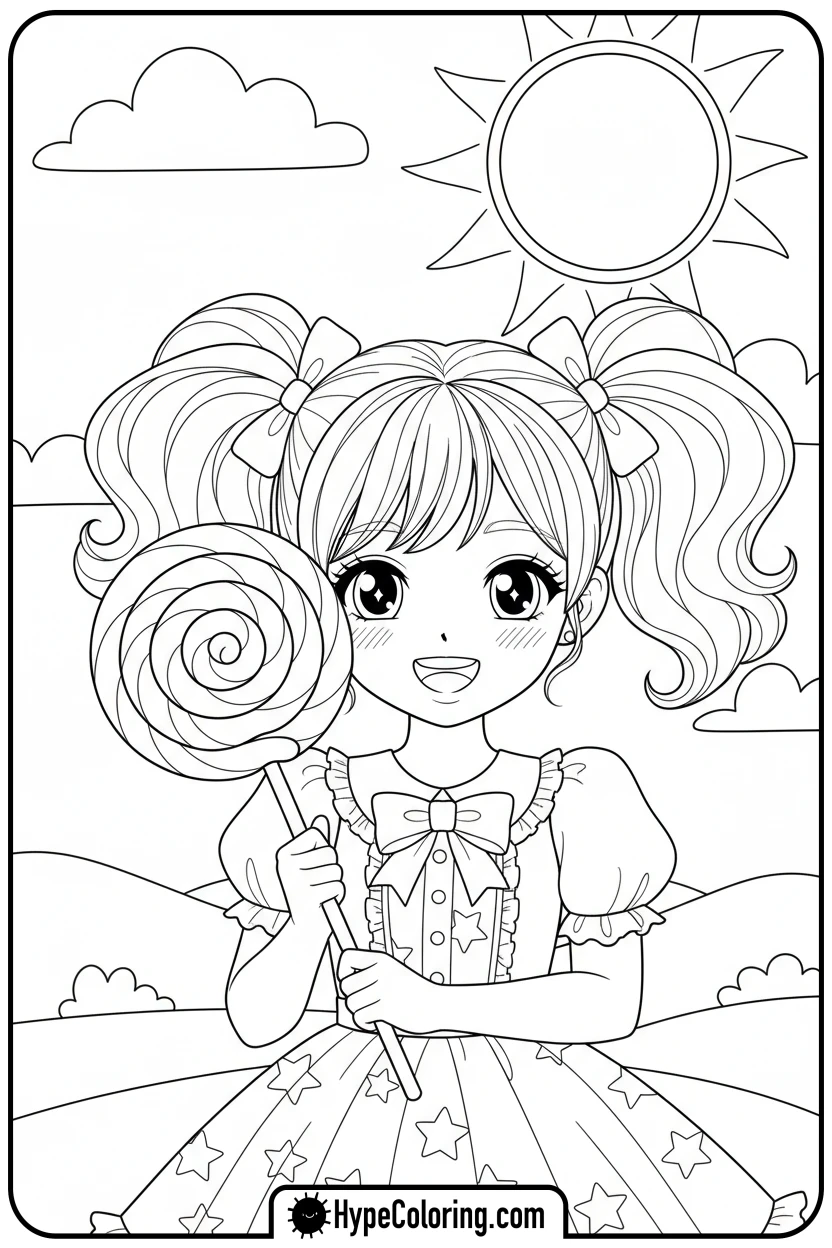 Click to download PDF anime-girl-holding-lollipop - cute anime coloring pages