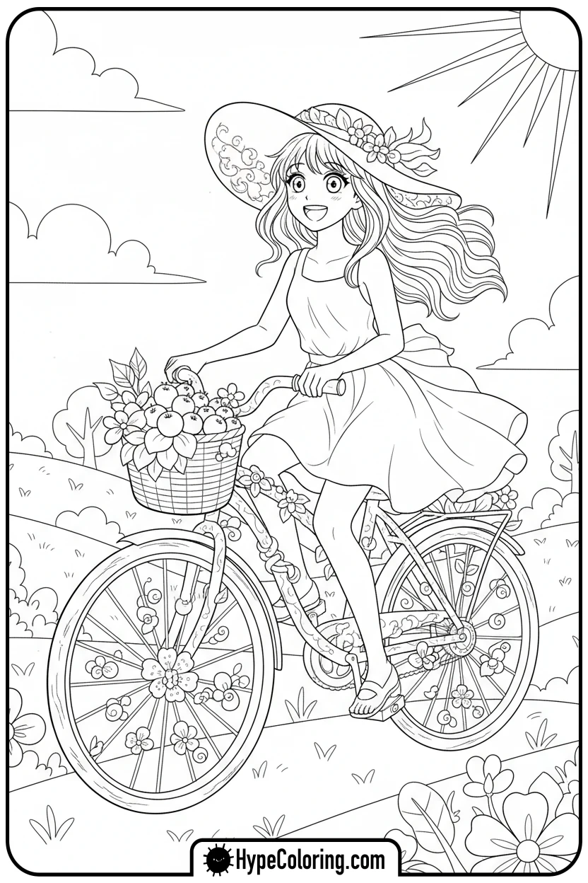Click to download PDF anime-girl-riding-flower-bicycle - cute anime coloring pages