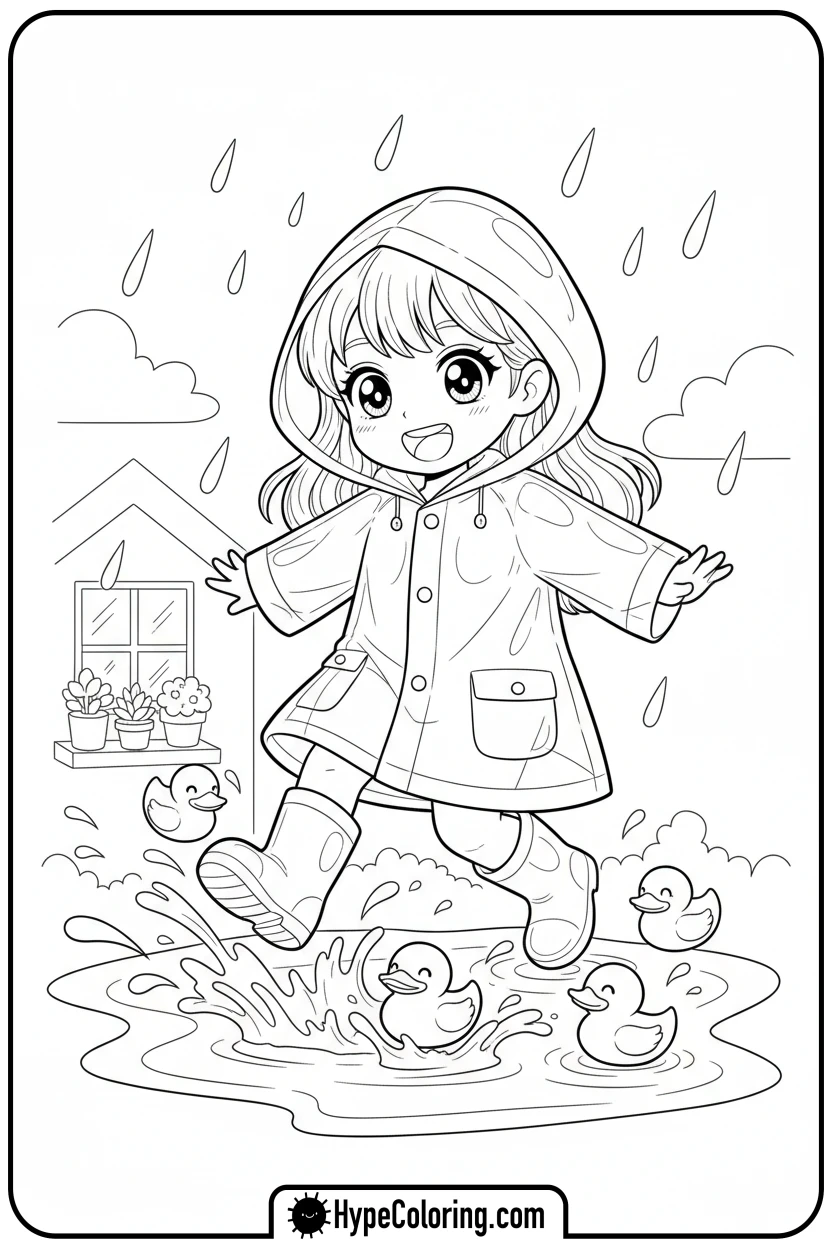 Click to download PDF anime-girl-splashing-in-puddle - cute anime coloring pages