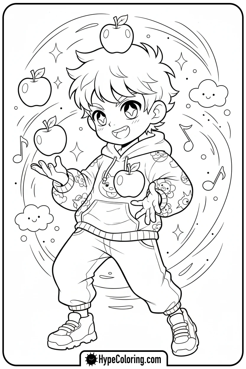 Click to download PDF anime-boy-juggling-apples - cute anime coloring pages