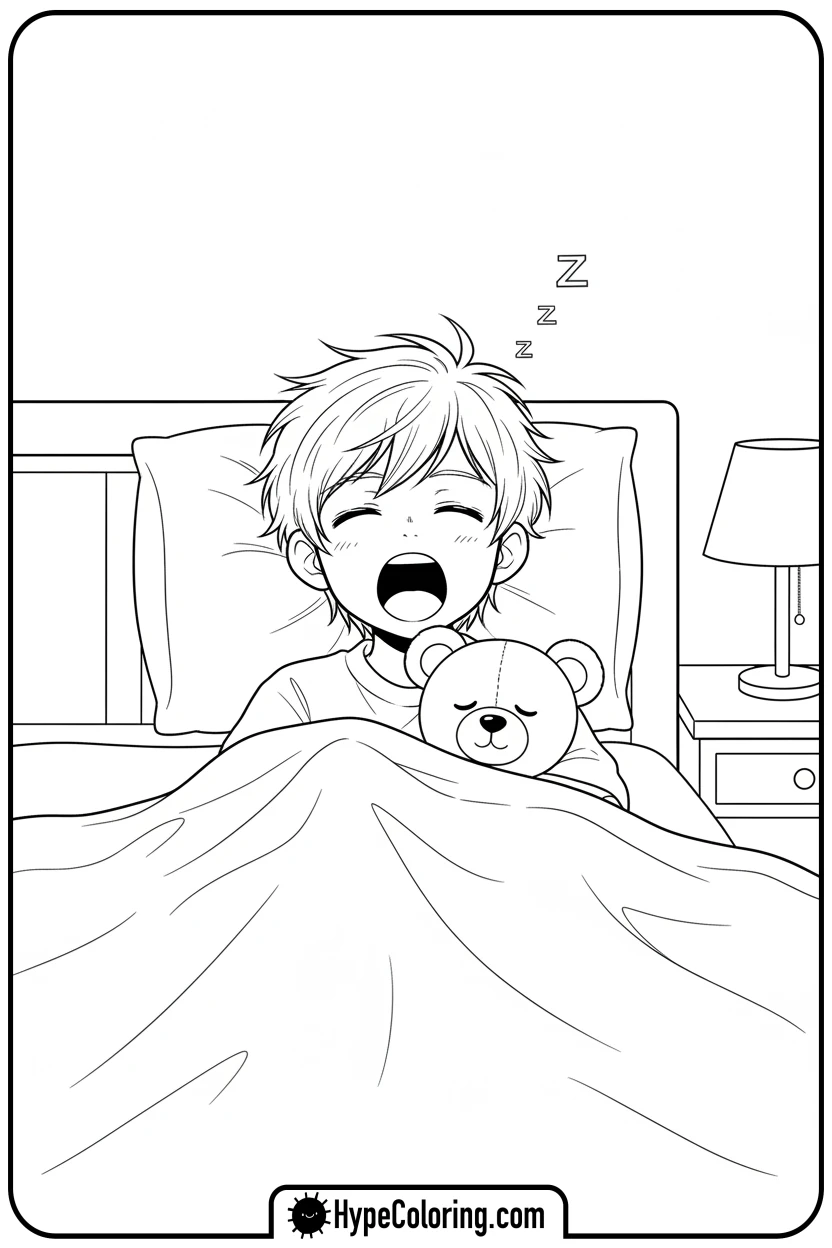 Click to download PDF anime-boy-sleeping-with-teddy - cute anime coloring pages