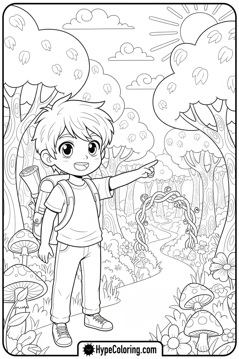 Click to download PDF anime-boy-exploring-forest - cute anime coloring pages