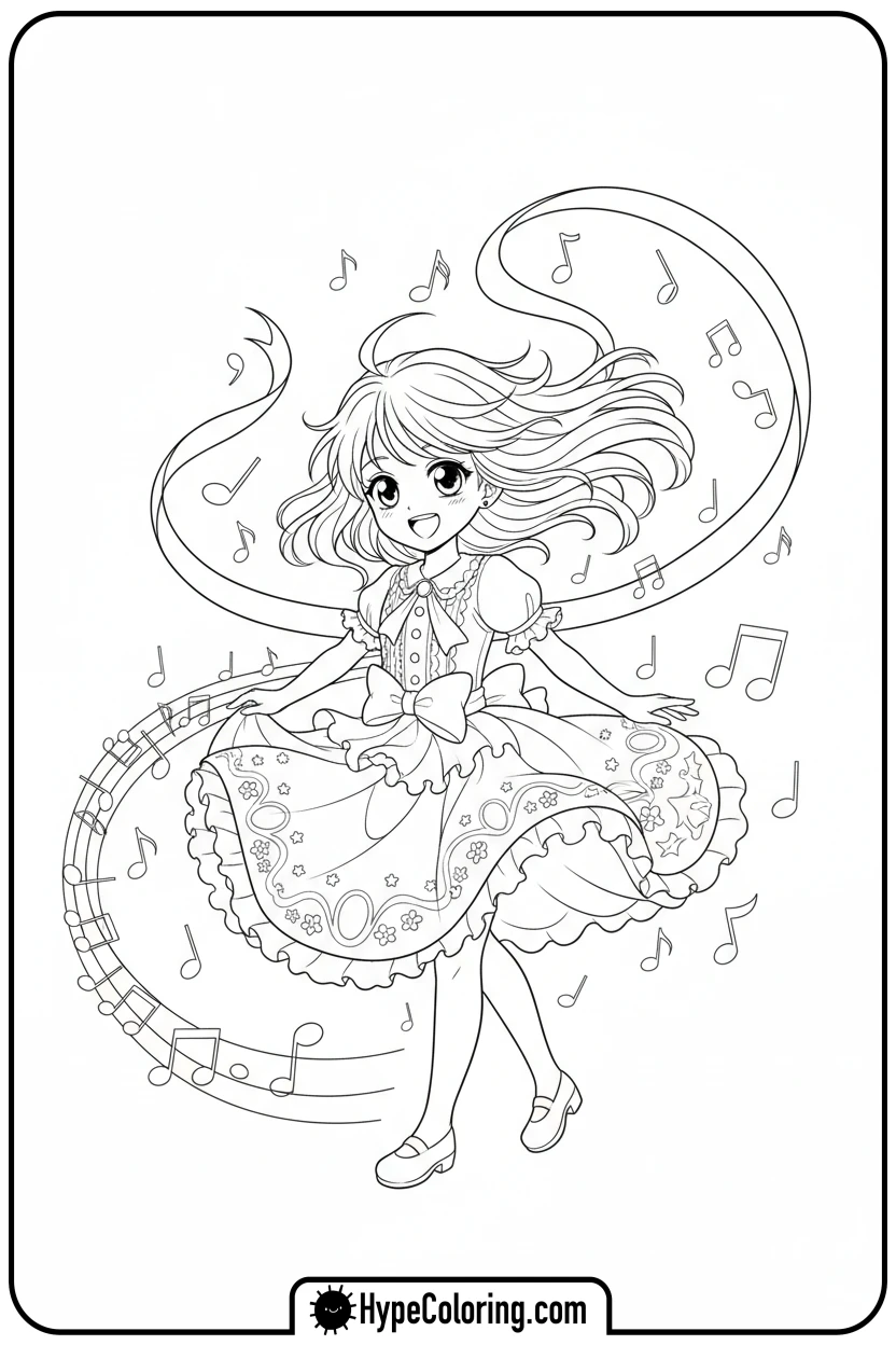 Click to download PDF anime-girl-twirling-with-ribbon - cute anime coloring pages