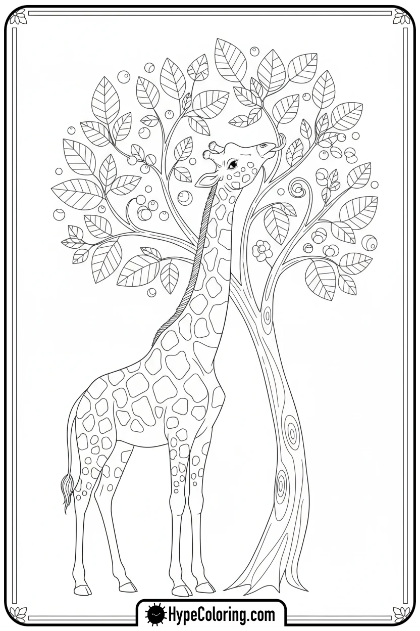 giraffe-eating-tree-leaves - zoo animals coloring pages