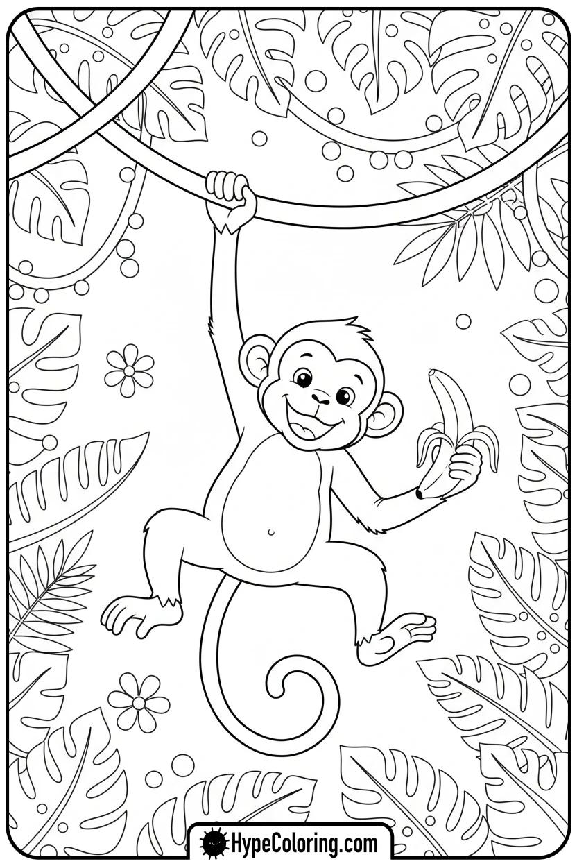 monkey-swinging-with-banana - zoo animals coloring pages