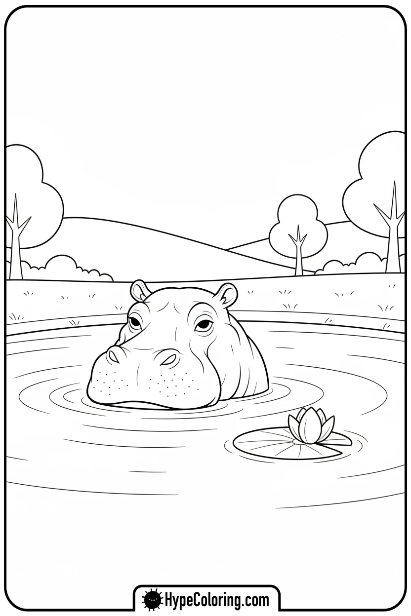 sleepy-hippo-in-pond - zoo animals coloring pages