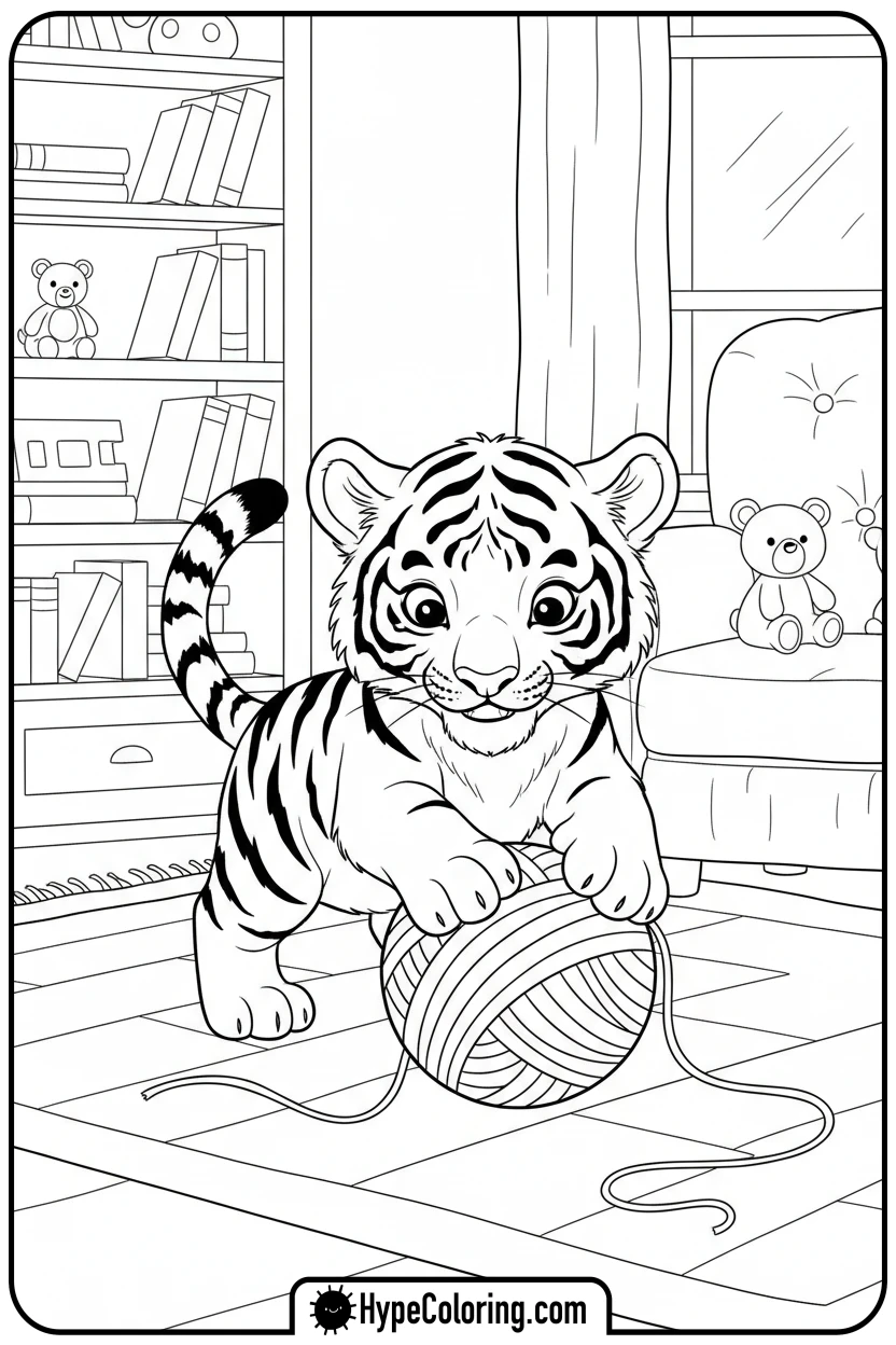 tiger-cub-playing-with-yarn - zoo animals coloring pages