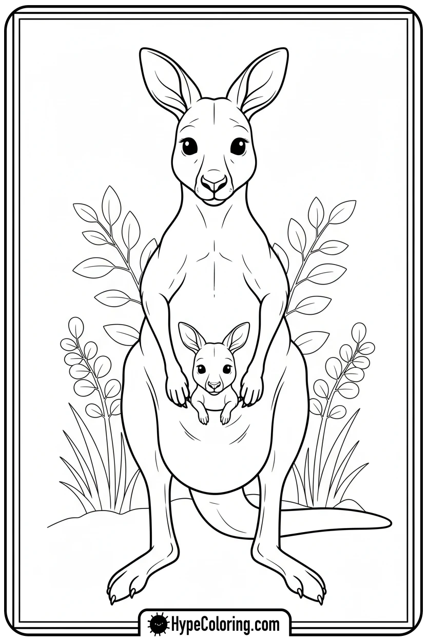 mother-kangaroo-and-joey - zoo animals coloring pages