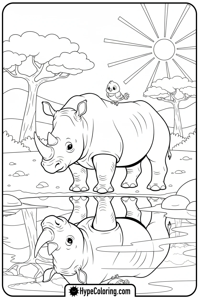 rhino-with-bird-on-back - zoo animals coloring pages