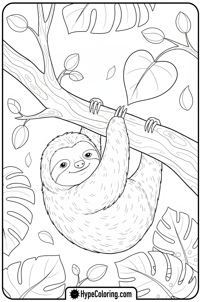 sloth-hanging-from-branch - zoo animals coloring pages