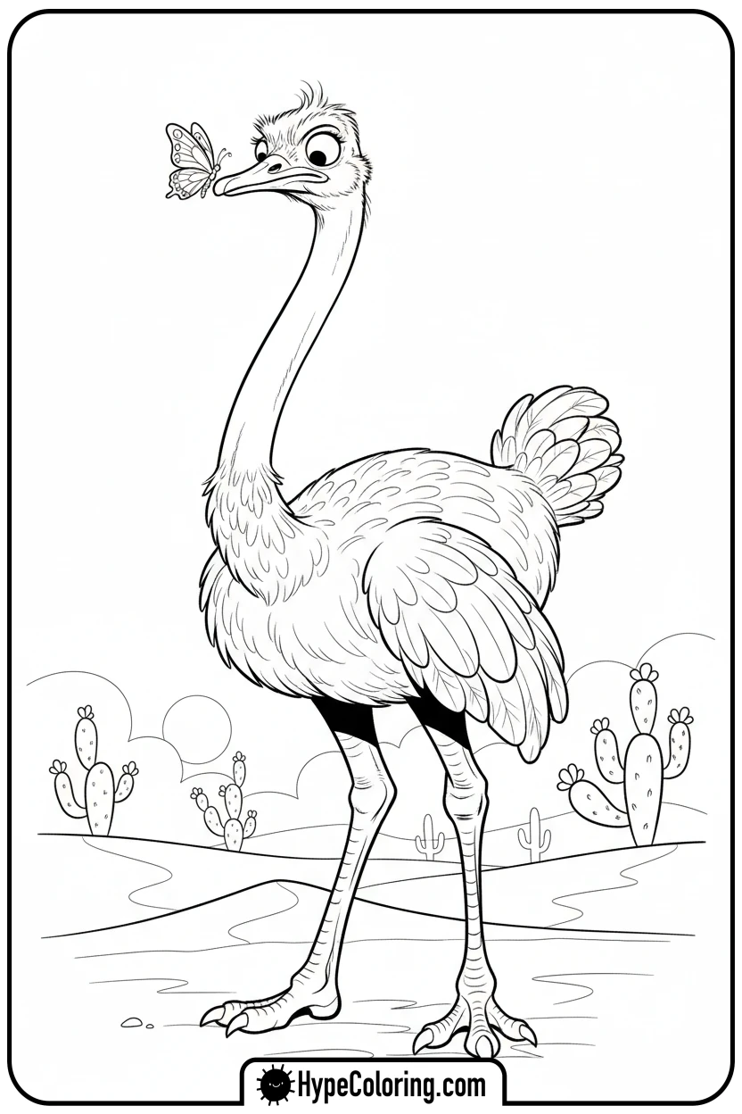 ostrich-with-butterfly-on-beak - zoo animals coloring pages