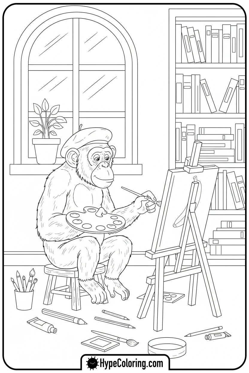 chimpanzee-painting - zoo animals coloring pages