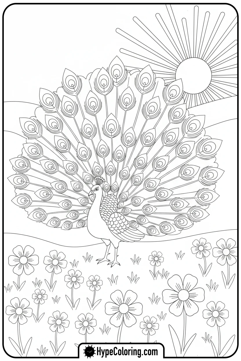 peacock-displaying-tail-feathers - zoo animals coloring pages
