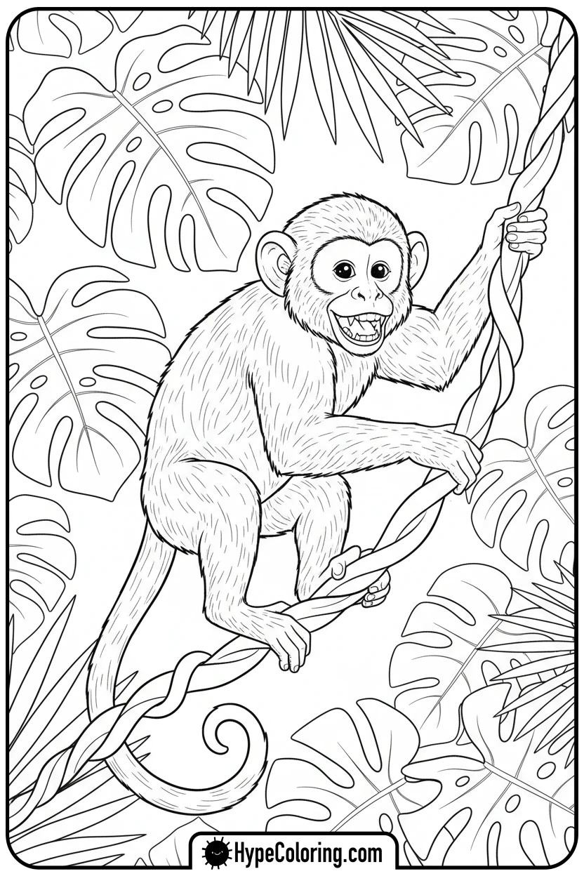 monkey-swinging-on-a-vine - jungle animals coloring pages