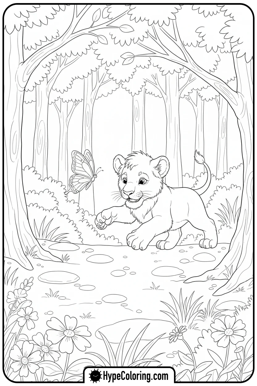 lion-cub-playing-with-butterfly - jungle animals coloring pages