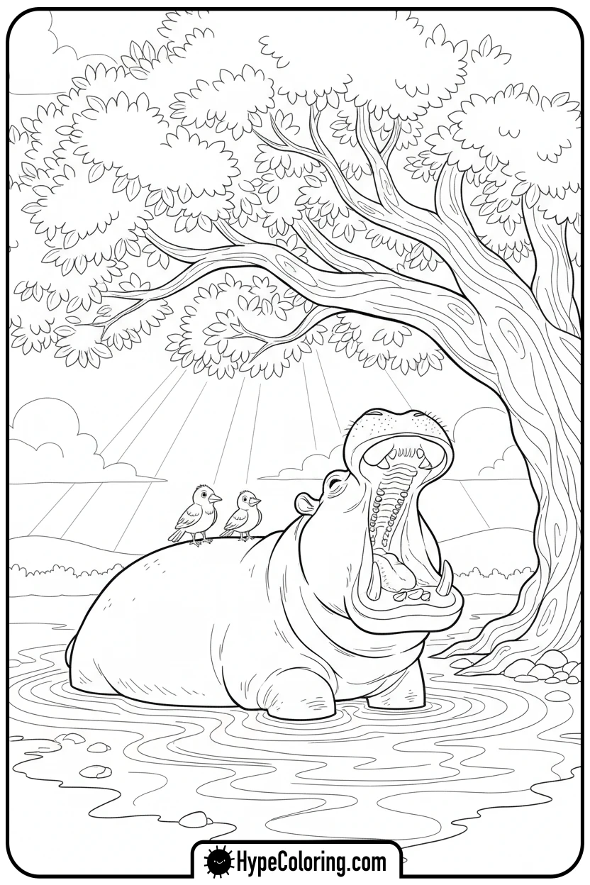 hippo-yawning-in-mud - jungle animals coloring pages